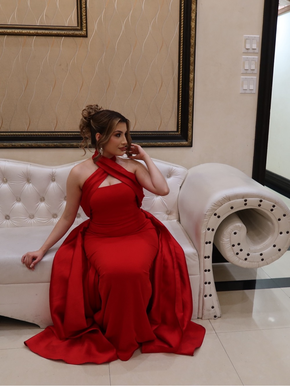 Betsy & Adam Red Cross-Halter Prom Gown